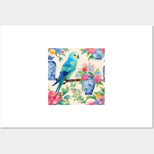 Chinoiserie blue budgies and ginger jars watercolor Posters and Art